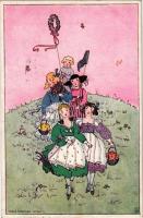 1919 Húsvéti üdvözlet / Easter greeting art postcard with girls. Rotophot Budapest Nr. 1727/1. s: Me...