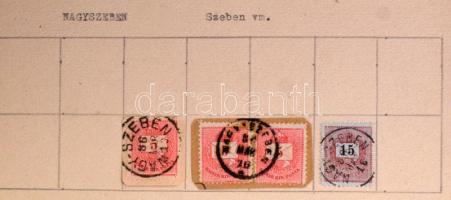 Több mappában kezdetleges bélyegzés gyűjtemény több tucat lapon, dobozban, kb az 1874-1920 közötti időszakból