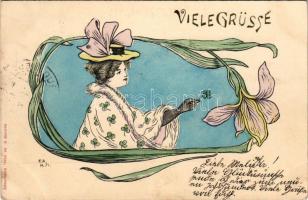 1900 Viele Grüsse / Art Nouveau lady. Kanitz C. és Fiai s: F. A. (fl)