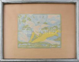 Páldy Zoltán (1884-1939): Léda. Linómetszet, papír. Jelzett. 17,5x23,5 cm. Üvegezett fakeretben