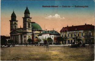 Szatmárnémeti, Szatmár, Satu Mare; Deák tér, székesegyház, piac, Szatmár Vármegyei Takarékpénztár R.T. Lövy kiadása / square, cathedral, market, shops, savings bank (EB)