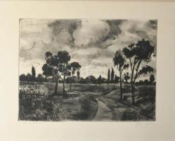 Fehér Ilona (1913-1983): Út a faluba. Rézkarc, papír, jelzett. Kartonra kasírozva. 29x39,5 cm