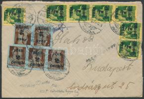 1945 (5. díjszabás) Cenzúrázott távolsági levél 21 db Kisegítő bélyeggel bérmentesítve, 2P-vel túlbérmentesítve, a boríték hátoldalán lévő bélyegek bélyegzés nélküliek