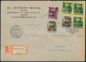 1945 (5. díjszabás) Ajánlott helyi céges levél Kisegítő (II-III) 2x10P/80f és 3x100P/12f bérmentesítéssel, a borítékon van 300P/30f áthúzással érvénytelenítették, mert már korábban felhasználták