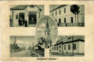 1944 Mádéfalva, Csík-Mádéfalva, Siculeni; Hangya szövetkezet üzlete, templom / cooperative shop, church (EB)