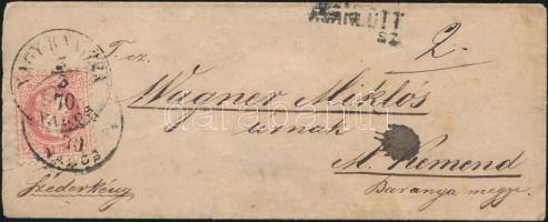 1870 5kr ajánlott levélen (a hátoldali bélyeg hiányzik) "NAGY-KANIZSA VÁROS" - M. Kemend