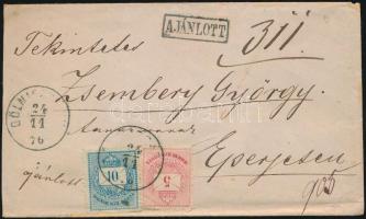 1876 5kr + 10kr ajánlott levélen Gölniczbányáról Eperjesre