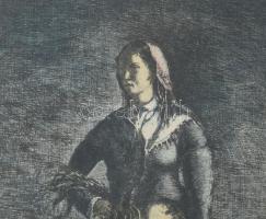 Rudnay Gyula (1878-1957): Pásztorleány. Színezett rézkarc, papír, jelzett. Üvegezett fakeretben, 22×...