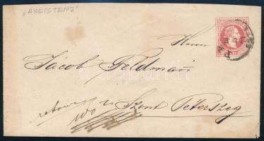 1867 5kr díjjegyes boríték "PEST / ESTE" - Szent Péterszeg + a hátoldalon kék "Assistenz" (címkereső) bélyegzéssel (nagy bélyegzés ritkaság).