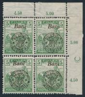 Nagyvárad 1919 Arató 5f ívsarki 4-es tömb az ívszélen holdacska nyomdai jelzéssel, Bodor vizsgálójellel