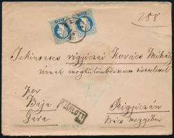 1868 2. súlyfokozatú ajánlott levél 2 x 10kr bérmentesítéssel, a hátoldalon "BAJA" és "GARA" átmenő bélyegzésekkel, "PEST" - Rigyicza
