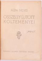 Alba Nevis [Unger Ilona]: - - Összegyűjtött költeményei. Bp., 1920, Légrády, 295 p. Egy fekete-fehér képtáblával. A költőnőnek (1886-19??) Budapesten több napi- és hetilapban (leggyakrabban az Új Idők-ben) jelentek meg erotikus hangú költeményei és realizmusra törekedő novellái. Az 1920-as években Amerikába költözött és New Yorkban iparművészettel foglalkozott. Zsidó származása miatt 1944-ben köteteit kivonták a kereskedelmi és könyvtári forgalomból. Átkötött félvászon-kötés, kopott borítóval, sérült gerinccel. foltos címlappal.