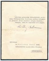 1942. szept. 2. Bp., Horthy Istvánné Edelsheim-Gyulai Ilona (1918-2013) autográf aláírása férje halála iránti részvétnyilvánítást megköszönő levelén, Csitáry Emil, Székesfehérvár főispánja részére címezve