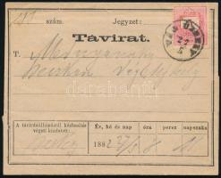 1882 Távirat Színesszámú 5kr bélyeggel, "VÁG ÚJHELY"