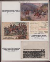 1915 I. világháború, Kladovói csatát bemutató tabló 3 db eredeti képeslappal és egy reprodukcióval, magyarázó szöveggel, nemzetiszín szegélyes tablón. A képeslapok leszedhetőek.