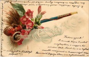 1900 Pipe with flower art postcard. litho (ragasztónyom / glue mark)