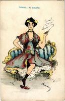 Tirage...au sigare / lady smoking cigarette art postcard. artist signed