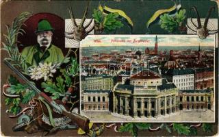 Wien, Panorama mit Burgtheater. Franz Josef / I. Ferenc József / Franz Joseph I of Austria in huntin...