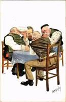 Men drinking beer art postcard. B.K.W.I. 568-2. artist signed (EB)