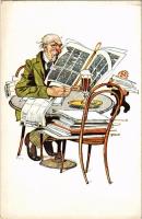 Man reading and drinking art postcard. artist signed (EK)