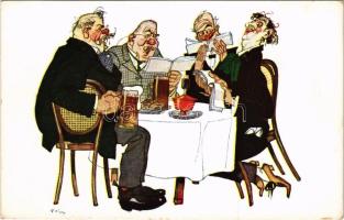 Men reading and drinking beer art postcard. artist signed (EK)