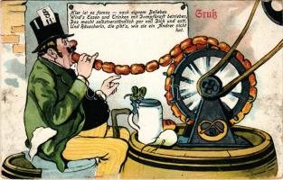Man eating sausages and drinking art postcard. Ottmar Zieher (EK)