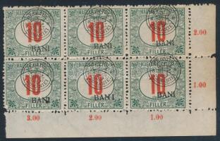 Kolozsvár 1919 Pirosszámú portó 10f ívsarki 6-os tömb, az alsó középső bélyegen "BAN I" tévnyomat, Bodor vizsgálójellel
