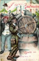 1913 Automatische Patent-Saufmaschine. Ottmar Zieher / automatic barrels, drinking men art postcard ...