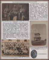1914-16 A császári és királyi budapesti 29. honvéd gyalogezredet bemutató gyűjtemény 13 db eredeti fotó, fotólap, magyarázó szövegekkel. 5 nemzeti szín szegélyű tablón. (A képek leszedhetőek) Szép és igényes összeállítás.  1914-16 The collection presenting the k.u.k. 29th Budapest Infantry Regiment consists of 13 original postcards and photos with accompanying texts, on 5 panels. (The cards can be detached)