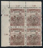 Kolozsvár 1919 Arató 35f ívsarki 4-es tömb a jobb felső bélyegen "BAN I" tévnyomat, Bodor vizsgálójellel
