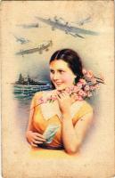 1943 Italian military aircraft and navy art postcard with lady (fl)