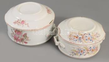 2 darab antik fedeles komatál / ételhordó tál, egyik darabon repedéssel, d: 19 cm