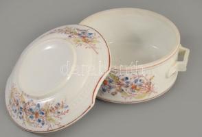 2 darab antik fedeles komatál / ételhordó tál, egyik darabon repedéssel, d: 19 cm