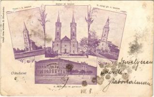 Hajdúböszörmény, Református gimnázium, Római katolikus templom (Folyás), Református templom (Hajdúhadház), Görögkatolikus templom (Hajdúdorog). Lányi Géza kiadása. Art Nouveau, floral (vágott / cut)