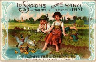 Les Savons de toilette á la Glycérine de Sarg, embellissent le teint / French soap advertisement, fo...