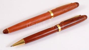 Fa dísztoll pár, töltőtoll és golyóstoll, tartóban.