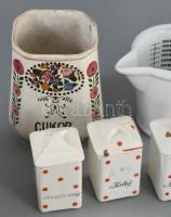 7 darab antik porcelán és üveg konyhai tárgy, közte Gránit fűszertartókkal, vegyes állapotban, m: 15...