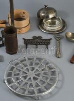 Doboznyi vegyes antik konyhai tétel, közte ezüstözött fedeles vajkínáló