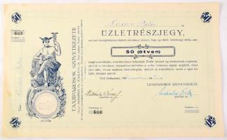 1941. Budapest "Taxiiparosok Szövetkezete" névre szóló üzletrészjegye 50P-ről, bélyegzéssel T:XF