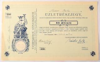 Budapest 1941. "Taxiiparosok Szövetkezete" névre szóló üzletrészjegye 50P-ről, bélyegzéssel T:XF