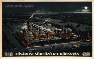 Budapest X. Kőbánya, Fővárosi Sörfőző Rt. este, éjjel-nappal üzemben. Weiss L. és F. kiadása (EK)