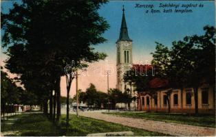 1917 Karcag, Széchenyi sugárút és a Római katolikus templom. Nagy Lajos és Társai Kertész és Simon kiadása (EK)