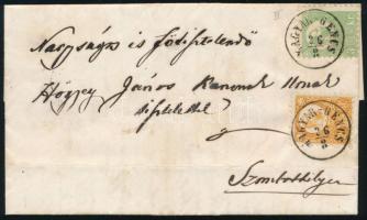 1873 Kőnyomat 3kr képbe fogazva és Réznyomat 2kr vegyes bérmentesítés levélen / Mi 2 + 8, mixed fran...