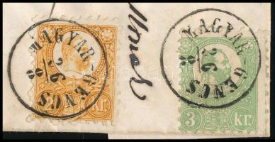 1873 Kőnyomat 3kr képbe fogazva és Réznyomat 2kr vegyes bérmentesítés levélen / Mi 2 + 8, mixed fran...