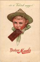 ...én is Veletek vagyok! Dreher Maul csokoládégyár reklámlapja, cserkészfiú. Korvin Testvérek kiadása / Hungarian chocolate factory's product advertisement, boy scout (EB)