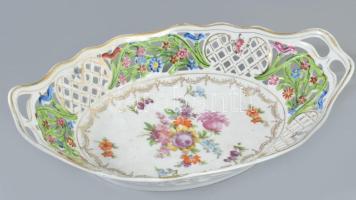 Antik kézzel festett áttört mintás kínáló, jelzés nélkül, kopással, 33x21 cm