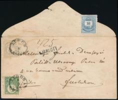1874 Réznyomat 3kr + Színes számú 2kr + 10kr vegyes bérmentesítés távolsági ajánlott levélen "LUGOS KRASSÓ M." - "FURLOG KRASSÓ M." A hátoldali 10kr bélyegzés nélkül. (min. 120.000)