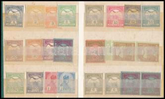 1913 45 db Turul bélyeg, közte 29 db II. típusú, összefüggések is, olajzöld / rózsa 60f sarokhibával (59.000)