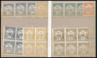 1913 45 db Turul bélyeg, közte 29 db II. típusú, összefüggések is, olajzöld / rózsa 60f sarokhibával...