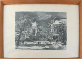 Blahos Rudolf (1917-1986): Vajdahunyad vára (Városliget). Rézkarc, papír, jelzett, 29x40 cm. Üvegeze...